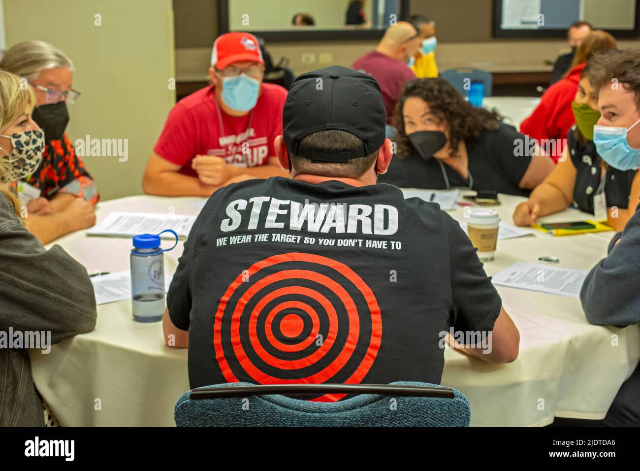 Chicago, Illinois - A union steward participates in a workshop on Assertive Grievance Handling during the 2022 Labor Notes conference. Four thousand r Stock Photo