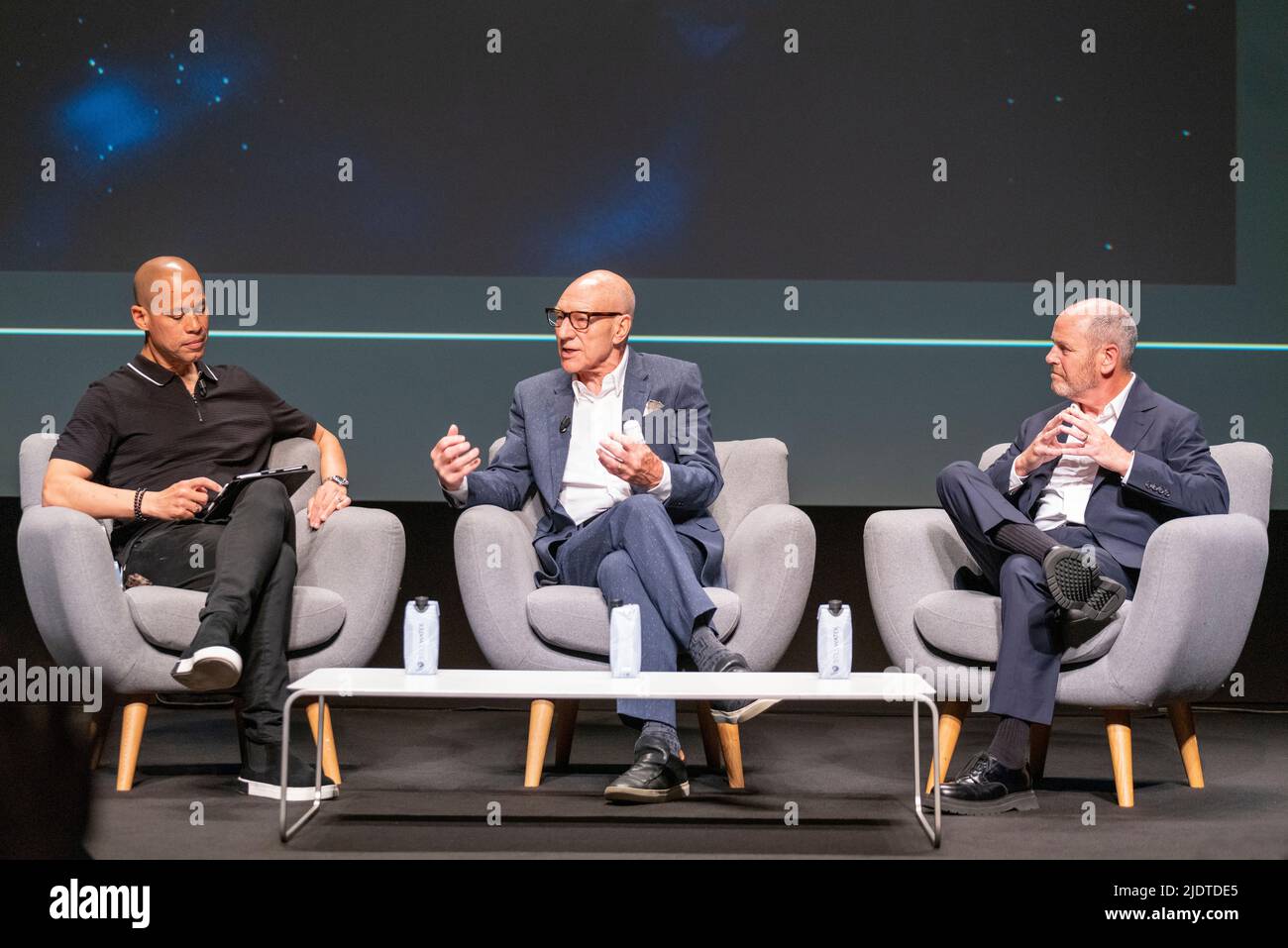 Cannes, France, 23 June 2022, (from left) Vladimir Duthiers (CBS News Correspondent), Patrick Stewart (Actor) and David Stapf (President CBS Studios) attended Long-term Creative Effectiveness - Building Fandoms With the Star Trek Franchise at Cannes Lions Festival - International Festival of Creativity © ifnm press / Alamy Live Stock Photo
