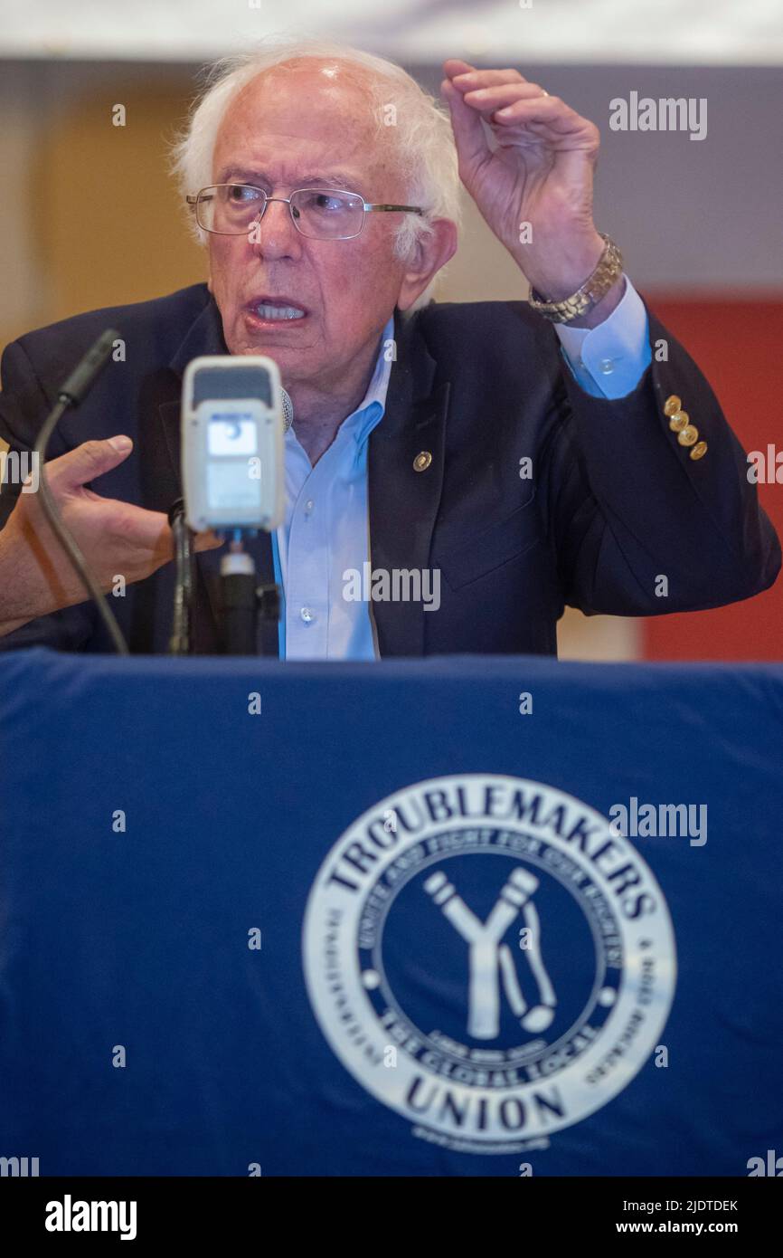 Chicago, Illinois - Senator Bernie Sanders speaks during the 2022 Labor Notes conference. Four thousand rank and file labor union activists from acros Stock Photo