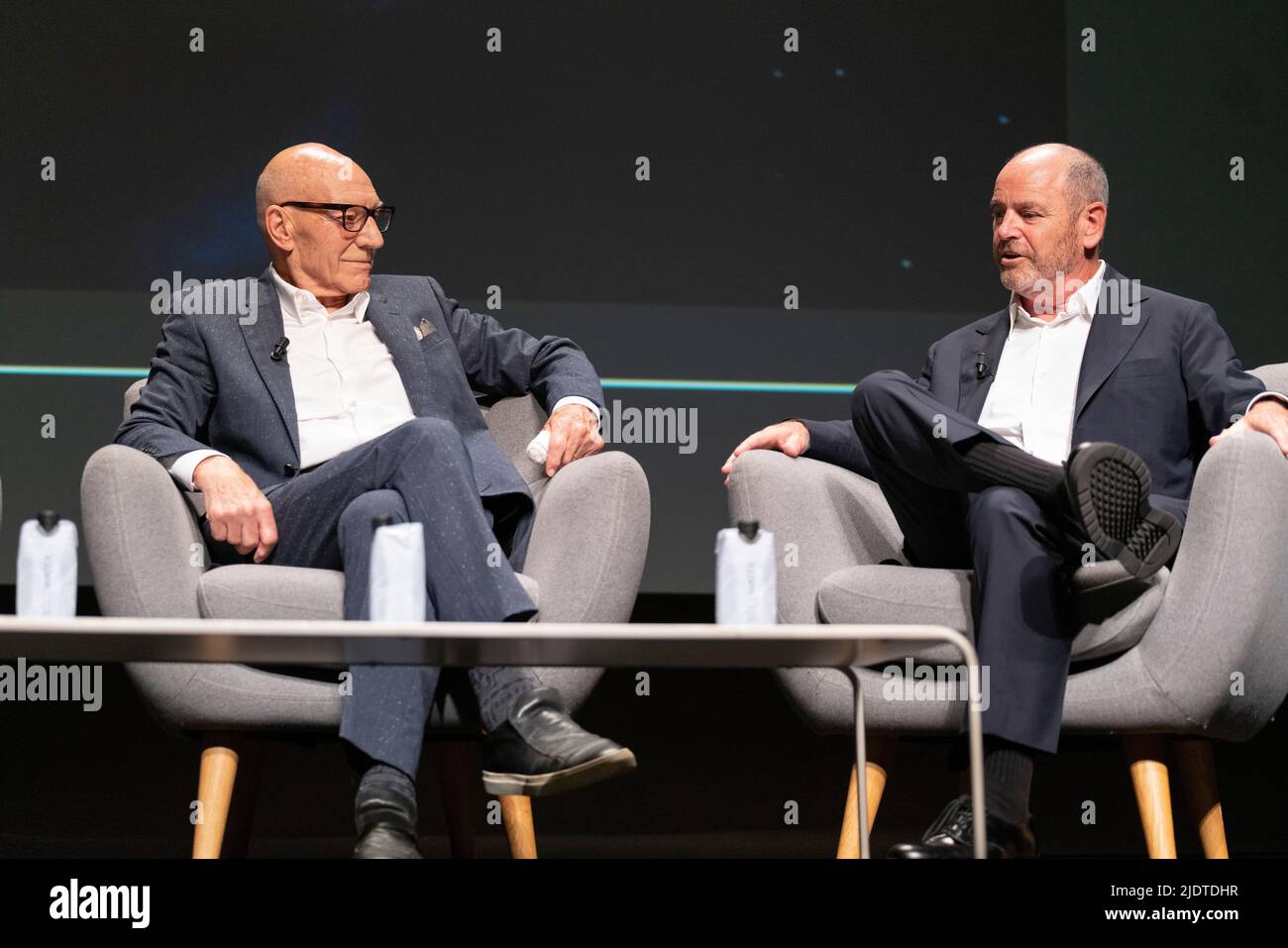 Cannes, France, 23 June 2022, (from left) Patrick Stewart (Actor) and David Stapf (President CBS Studios) attended Long-term Creative Effectiveness - Building Fandoms With the Star Trek Franchise at Cannes Lions Festival - International Festival of Creativity © ifnm press / Alamy Live Stock Photo