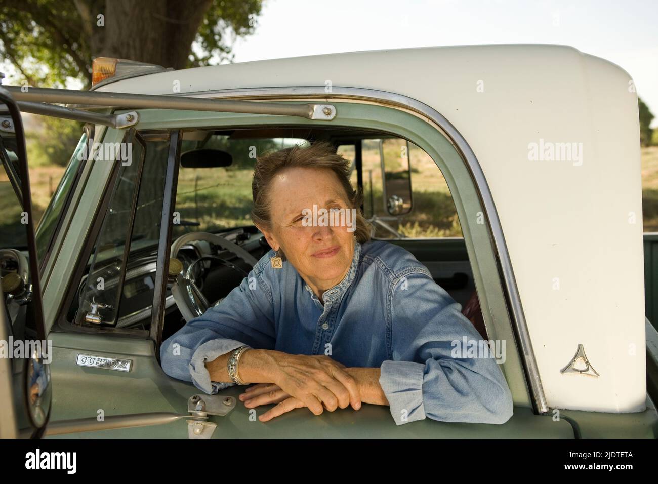 Woman ( aged 45-65) leaning out the cab of a vintage pick up truck parked on ranch. Stock Photo
