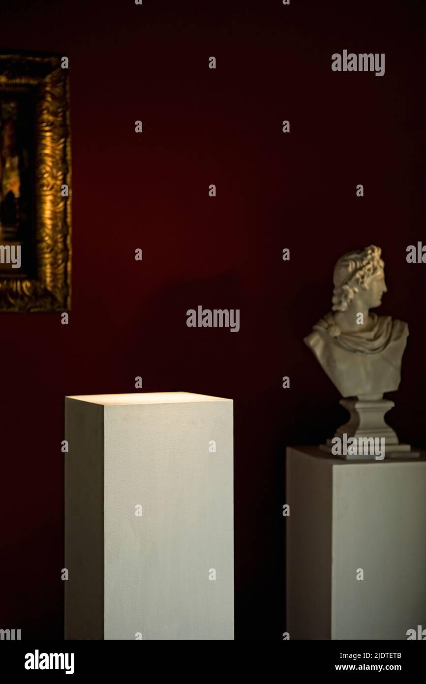 Scene shot in art museum at night with one empty plinth with art work missing in foreground. (Sculpture in rear is prop and does not need release) Stock Photo