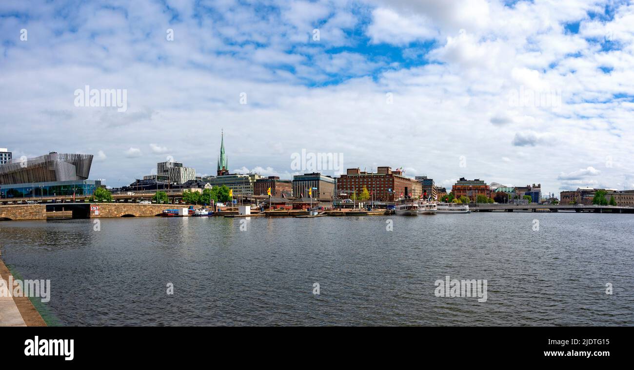 panoramic view from the terrace of the Stadshuset onto the bridge Centralbron and the quarter Maelarstrand in Stockholm, Sweden Stock Photo