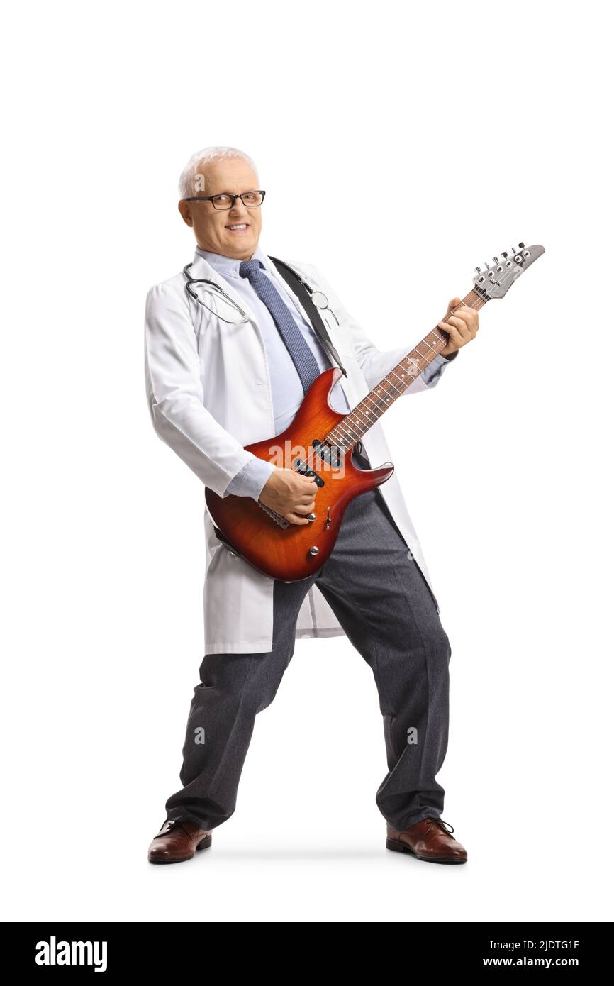 Full length portrait of a doctor playing an electric guitar isolated on ...