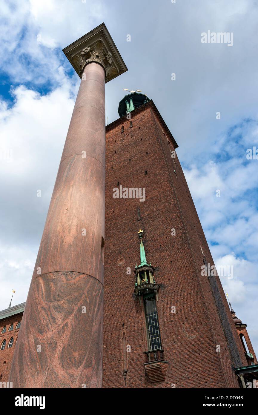 pillar in front of the tower of the Stadshuset in Stockholm, Sweden Stock Photo