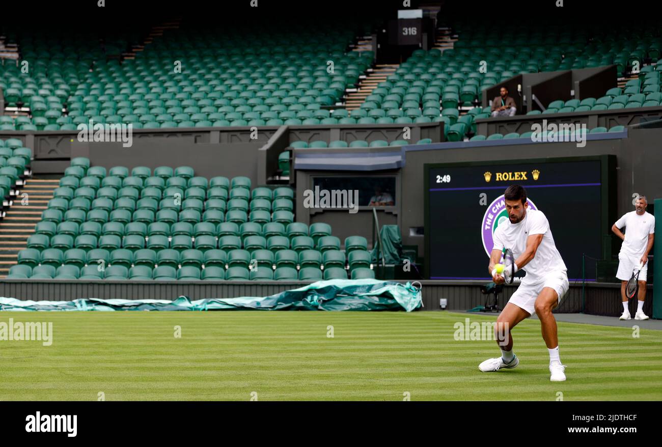 Novak Djokovic practices on centre court ahead of the 2022 Wimbledon Championship at the All