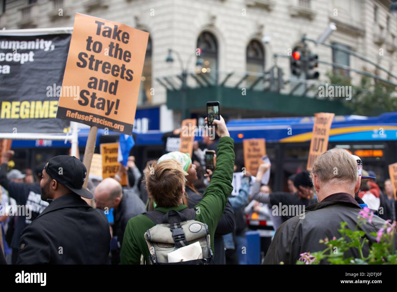 Manhattan, New York,USA - October 26. 2019: Protest in NYC, Take to the Streets and Stay!. Anti Donald Trump protest in Manhattan Stock Photo
