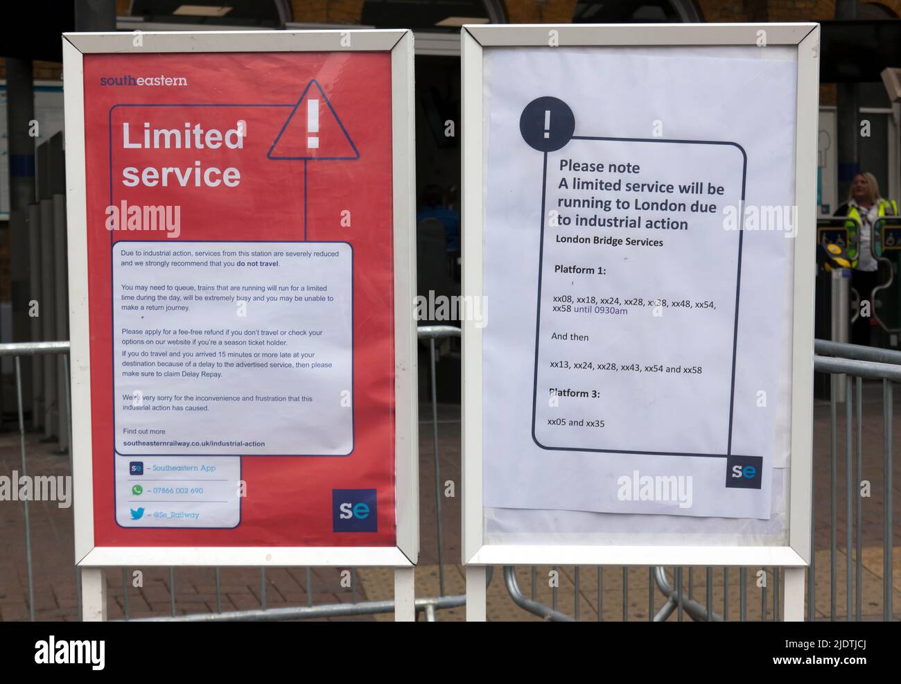Notices displayed at the Entrance to Lewisham Station, warning of limited services, due to the RMT's  Strike Action on June  21st, 23 and  25th, 2022 Stock Photo
