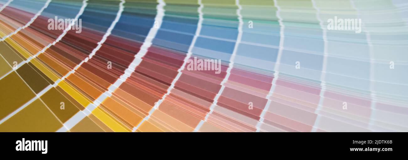 Banner with paint samples color swatch, interior design. Abstract multicolored background, copy space. Stock Photo