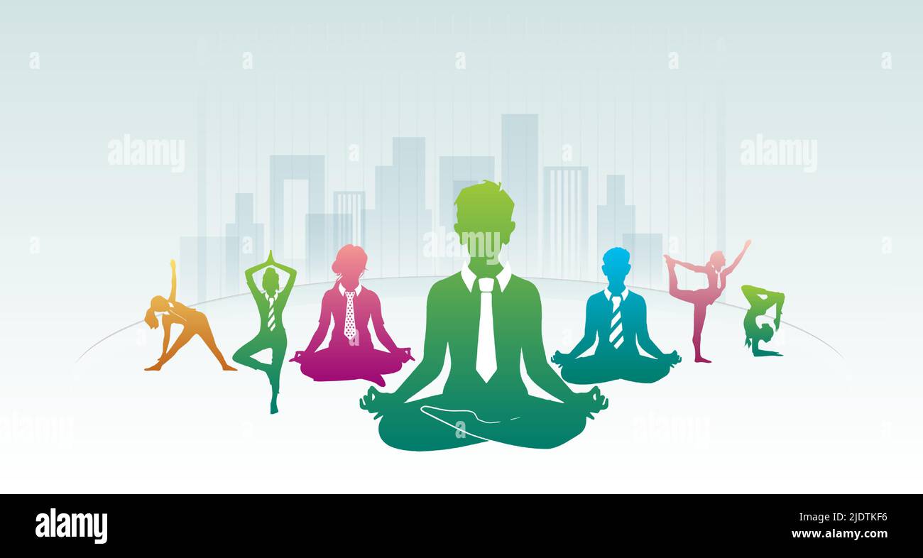 Yoga day greeting card concept. Workers employees engagement activity or business man practicing yoga and breathing exercise. Stock Vector