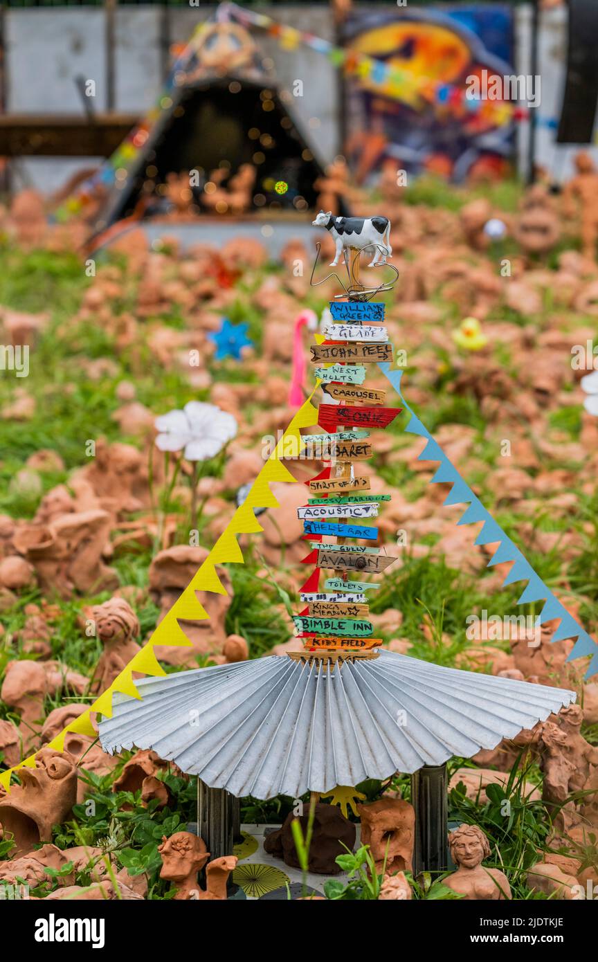 Glastonbury, UK. 23rd June, 2022. 20 years od daemon or doppleganger - clay figures created at past festivals. The 50th 2022 Glastonbury Festival, Worthy Farm. Glastonbury, Credit: Guy Bell/Alamy Live News Stock Photo