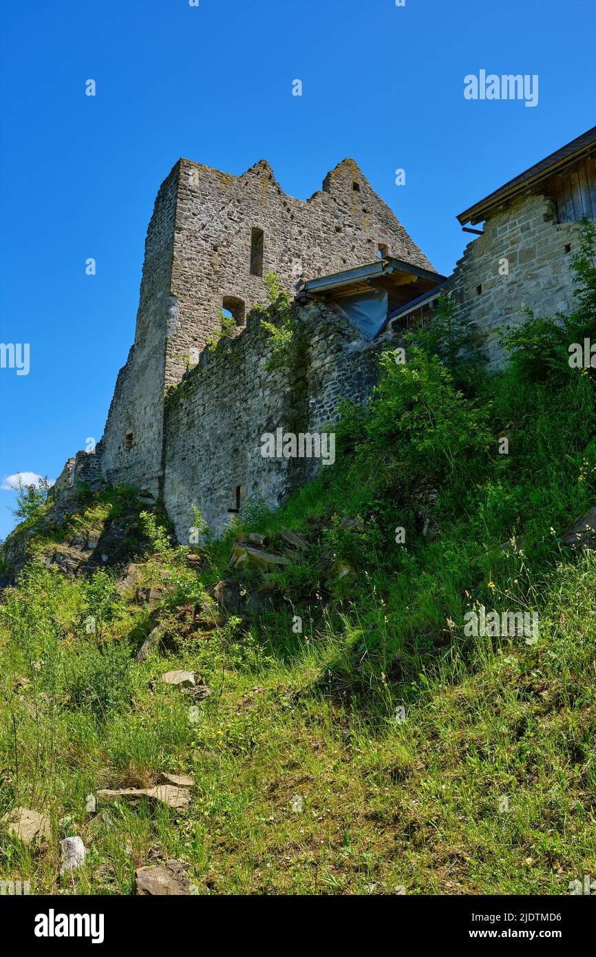 Remnants of ruined Sulzberg Castle in the Upper Allgaeu region near Kempten, Bavaria, Germany, Europe. Stock Photo