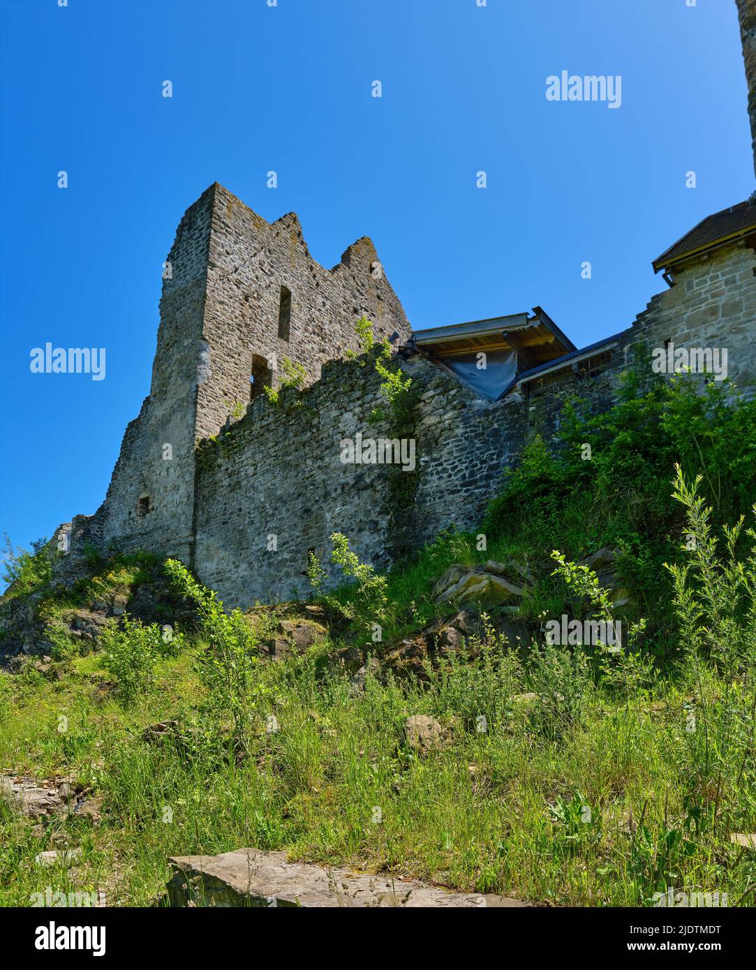 Remnants of ruined Sulzberg Castle in the Upper Allgaeu region near Kempten, Bavaria, Germany, Europe. Stock Photo