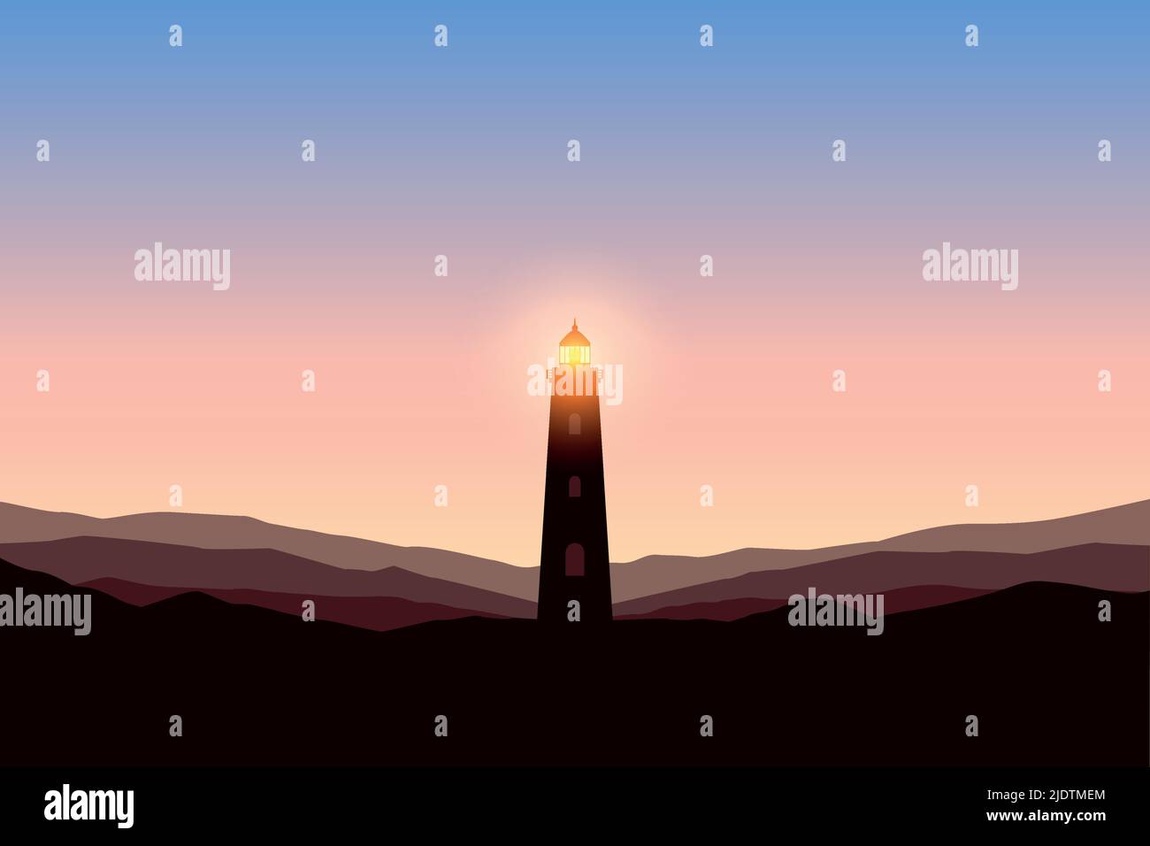 lighthouse at beautiful sunset with mountain view Stock Vector