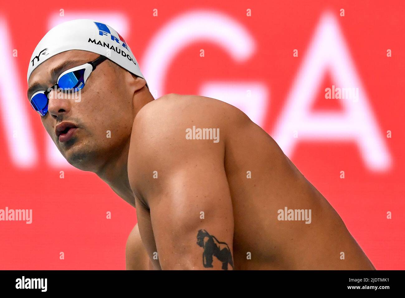 Budapest, Hungary. 23rd June, 2022. Florent Manaudou of France prepares to  compete in the 50m Freestyle Men Heats during the FINA 19th World  Championships at Duna Arena in Budapest (Hungary), June 23th,