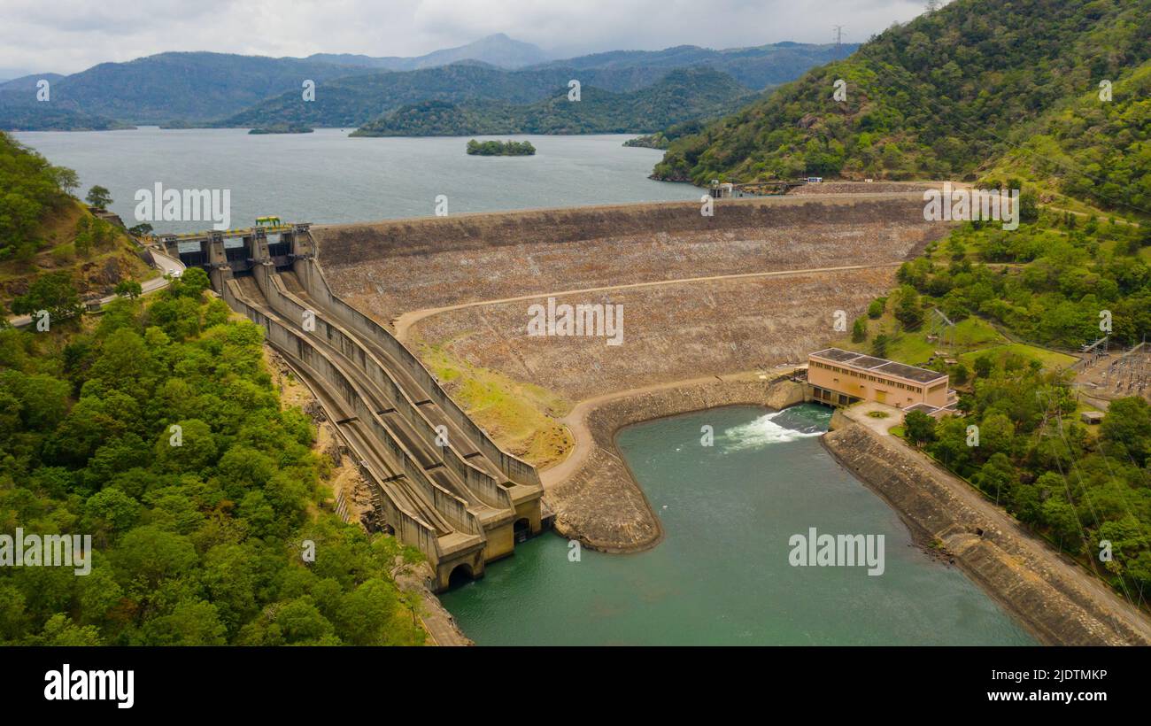 Aerial view of concrete Dam at reservoir, hydroelectricity power ...