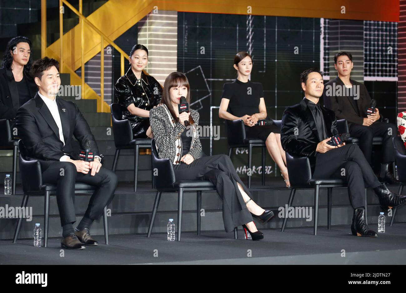 (L-R, front row) Yoo Ji-Tae, Kim Yun-Jin, Park Hae-Soo, (L-R, back row) Kim Ji-Hoon, Jang Yoon-Ju, Lee Joo-Bin, Lee Hyun-Woo, June 22, 2022 : Cast members attend a production press conference for the Netflix series 'Money Heist: Korea - Joint Economic Area' in Seoul, South Korea. The Netflix series is a Korean adaptation of the Spanish television series 'Money Heist' (2017-2021) and it is slated to begin airing on June 24. Credit: Lee Jae-Won/AFLO/Alamy Live News Stock Photo