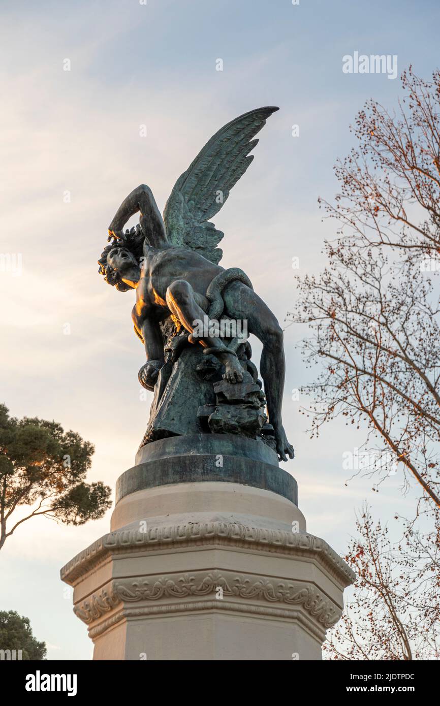Madrid, Spain. The Fuente del Angel Caido (Monument of the Fallen Angel), a fountain located in