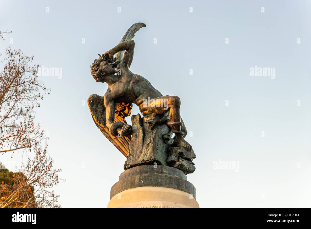 Madrid, Spain. The Fuente del Angel Caido (Monument of the Fallen Angel), a fountain located in