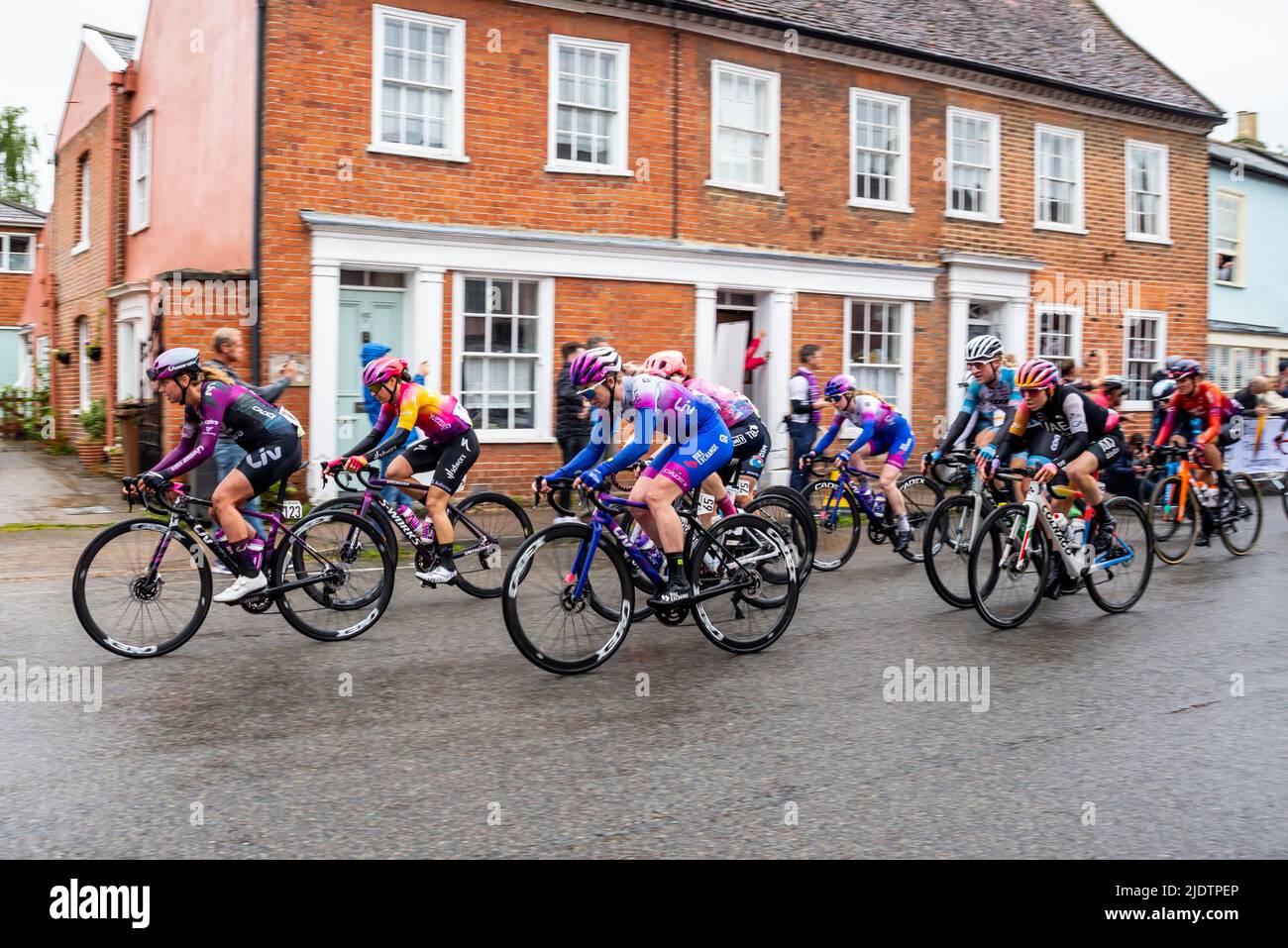 UCI Women's Tour international cycle race passing through the High Street of the market town of Hadleigh in Suffolk, UK. Eva Buurman, Nina Kessler Stock Photo