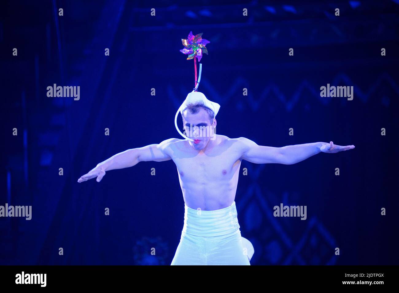 clown acrobat performing in the ring of the circus. June 10, 2018. Kyiv ...