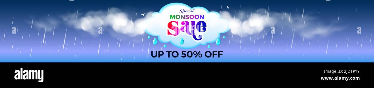 Website Sale Banner design for rainy and summer season. Special sale discount offer text template with cloud. Stock Vector