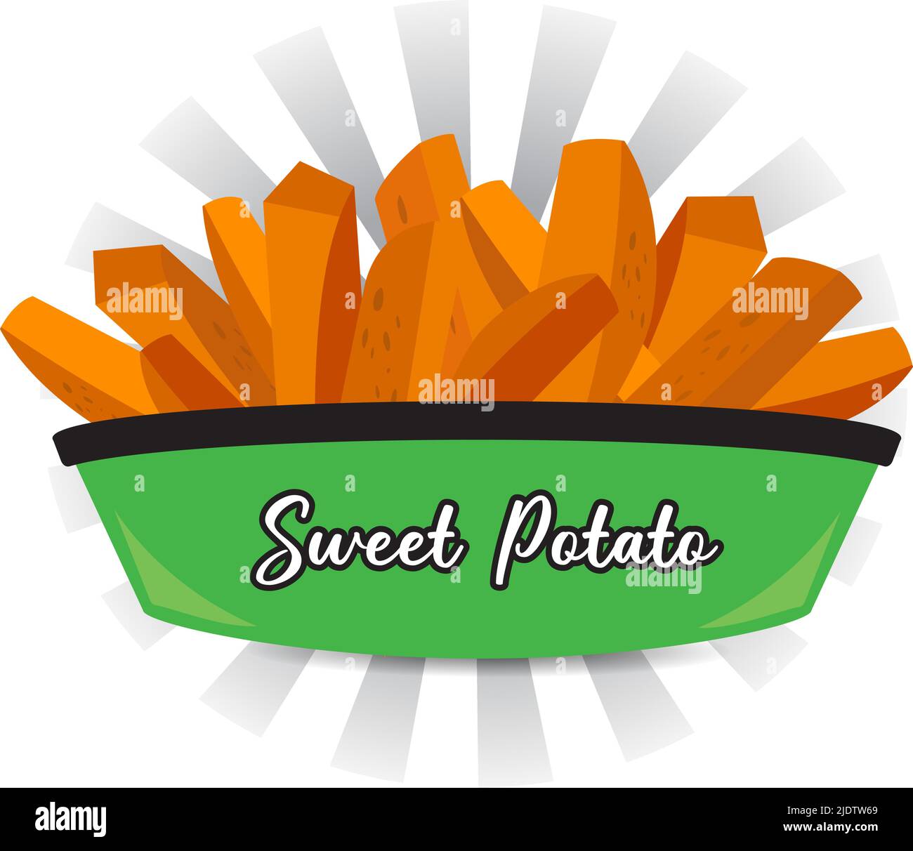 Sweet potato yam wedge fries bowl over rustic wood background food illustration Stock Vector