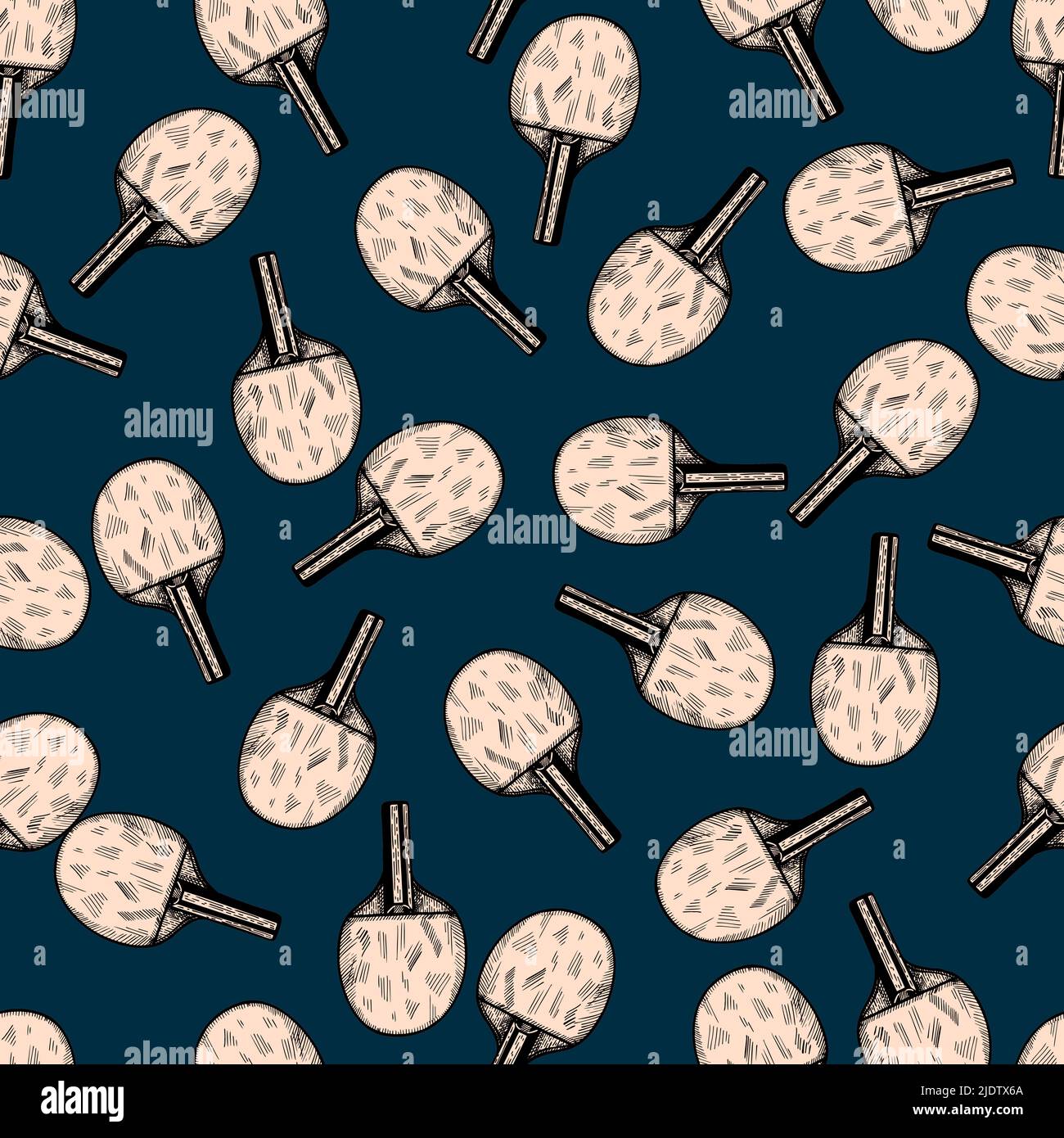 Ping pong racket sketch seamless pattern. Vintage sport elements for table tennis hand drawn style. Engraved texture for fabric, wallpaper, textile, p Stock Vector