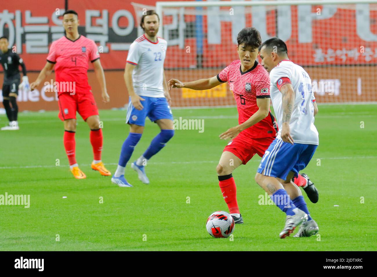 June 6, 2022-Daejeon, South Korea-Hwang, Inbeom of South Korea and Medel, Gary of Chile action during an International Friendly match Presented by Hana Bank Korea Republic vs Chile at Daejeon Worldcup Stadium in Daejeon, South Korea. Stock Photo