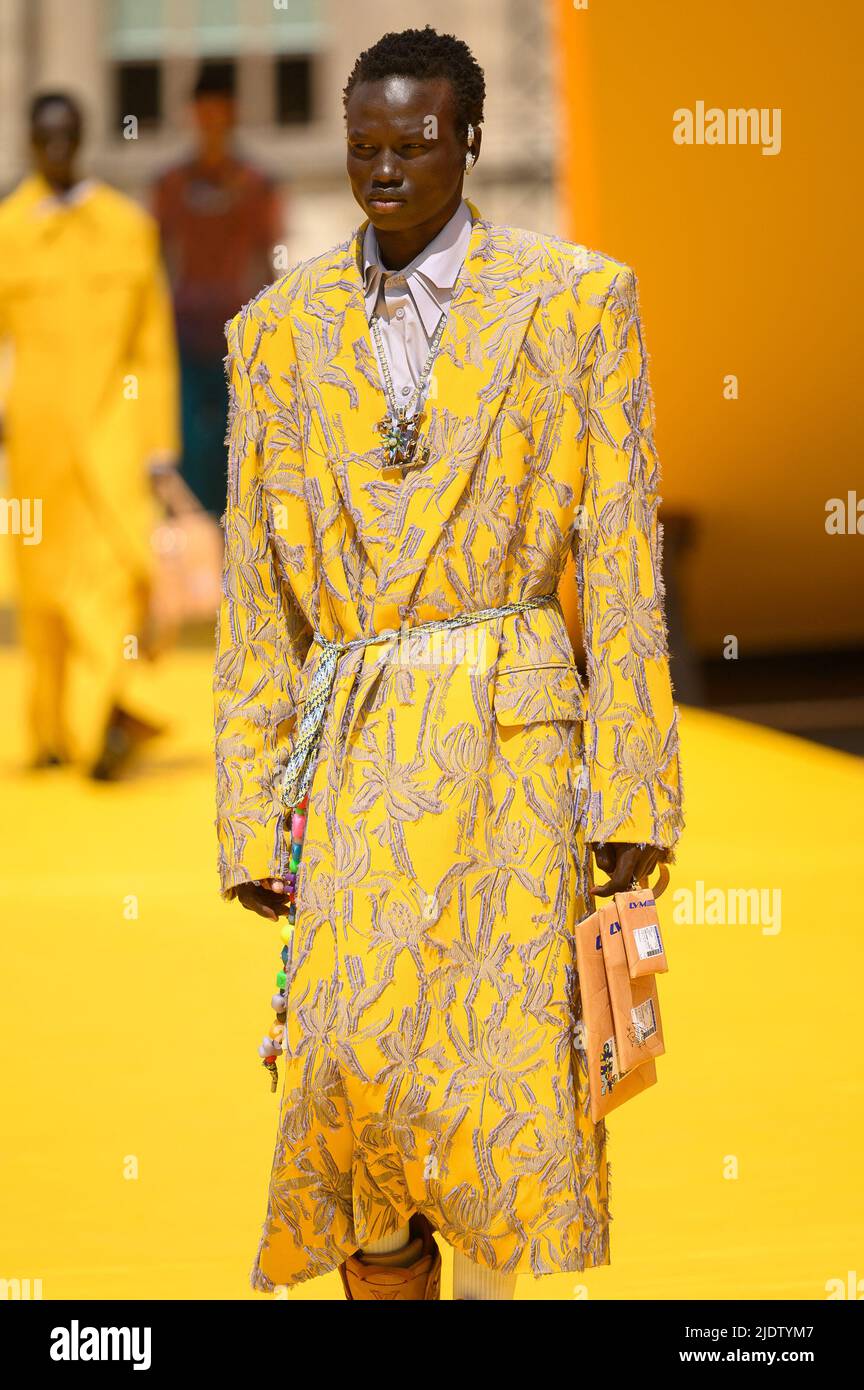 Paris, France. 23/06/2022, A model walks the runway during the Louis  Vuitton Menswear Spring Summer 2023 show as part of Paris Fashion Week on  June 23, 2022 in Paris, France. Photo by