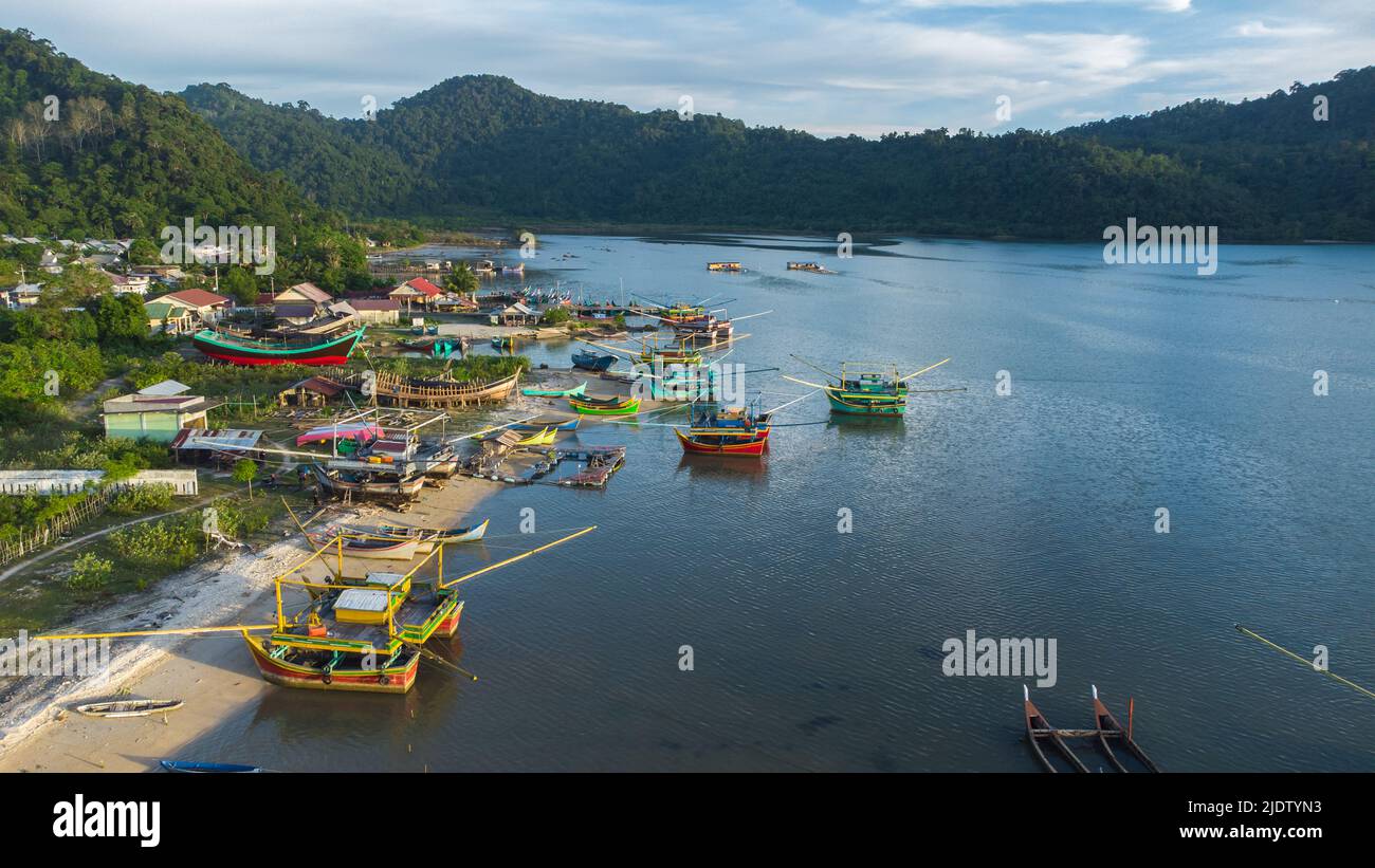 Aerial view of the fishing port in Lhok Seudu village, Aceh, Indonesia. Stock Photo