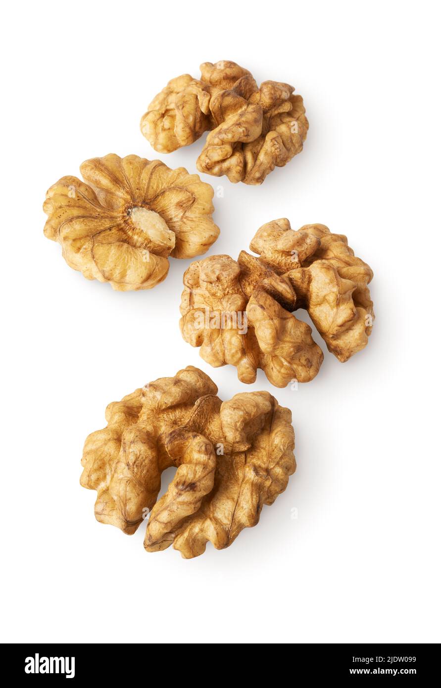 Group of fresh peeled walnuts, isolated on white background Stock Photo