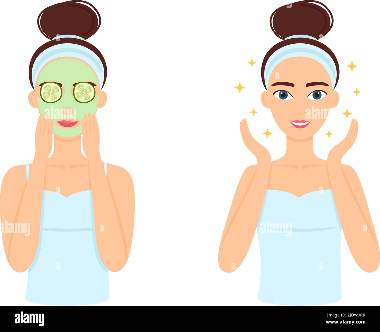 Young woman care her skin face. Facial treatment procedure. Vector