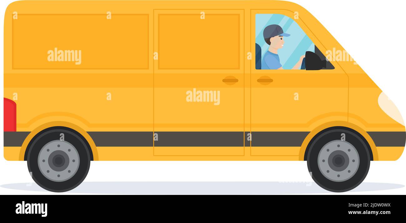 Delivery van with driver isolated on white background. Delivery service concept. Vector illustration Stock Vector