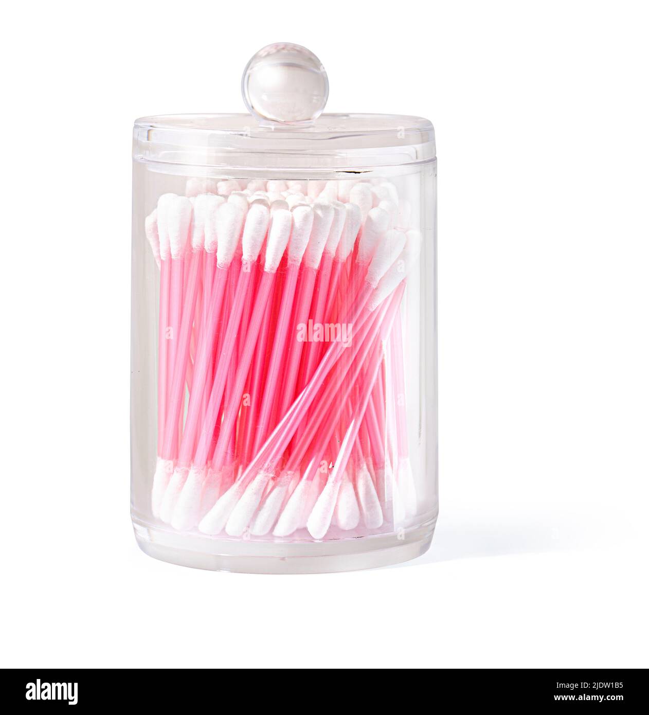Cotton swabs in transparent plastic box. Isolated on a white. with clipping path Stock Photo