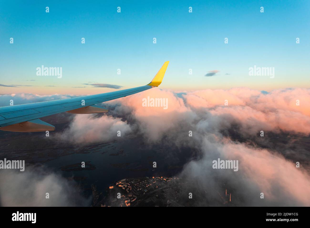 Stunning sunset from the window of the aircraft during the flight Stock ...