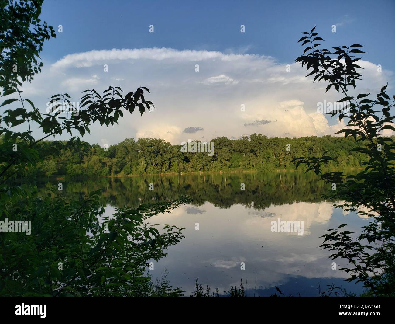Thunderstorm and reflection on Antrim Lake, Columbus, Ohio Stock Photo