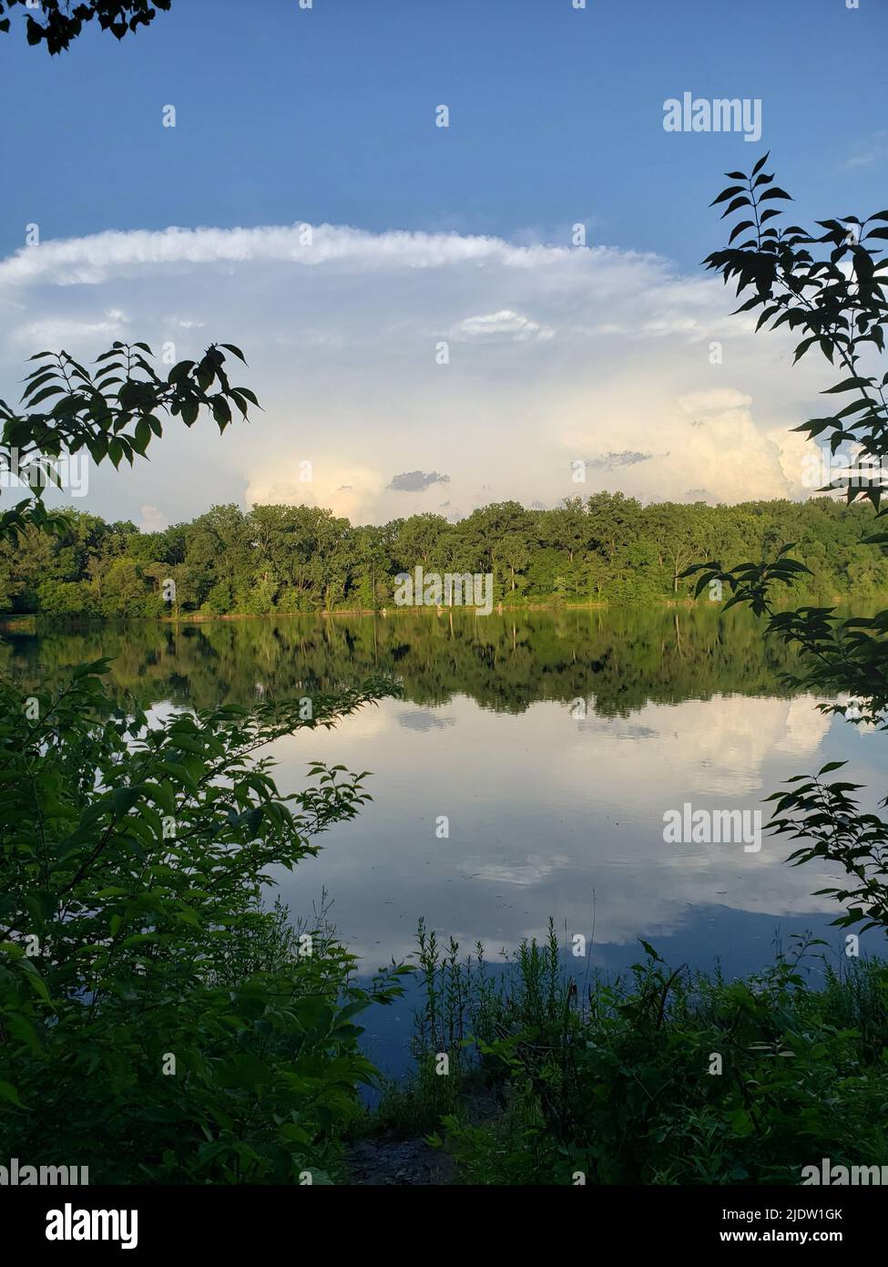 Thunderstorm and reflection on Antrim Lake, Columbus, Ohio Stock Photo