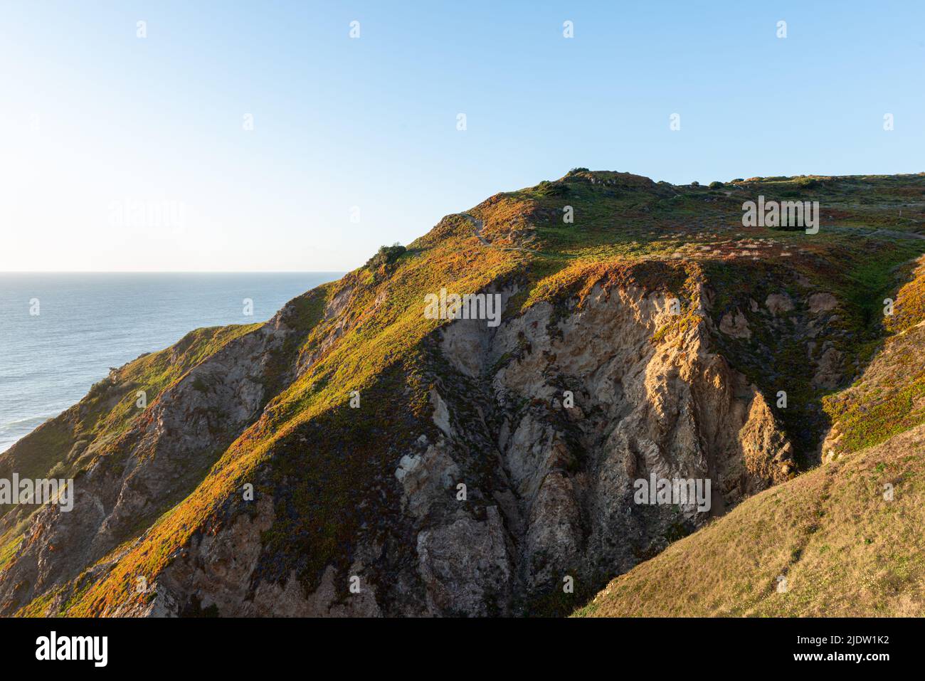 Coastal rocks and cliffs covered in green ground vegetation and spring flowers in bloom in the nature reserve area near Cabo da Roca in Portugal Stock Photo