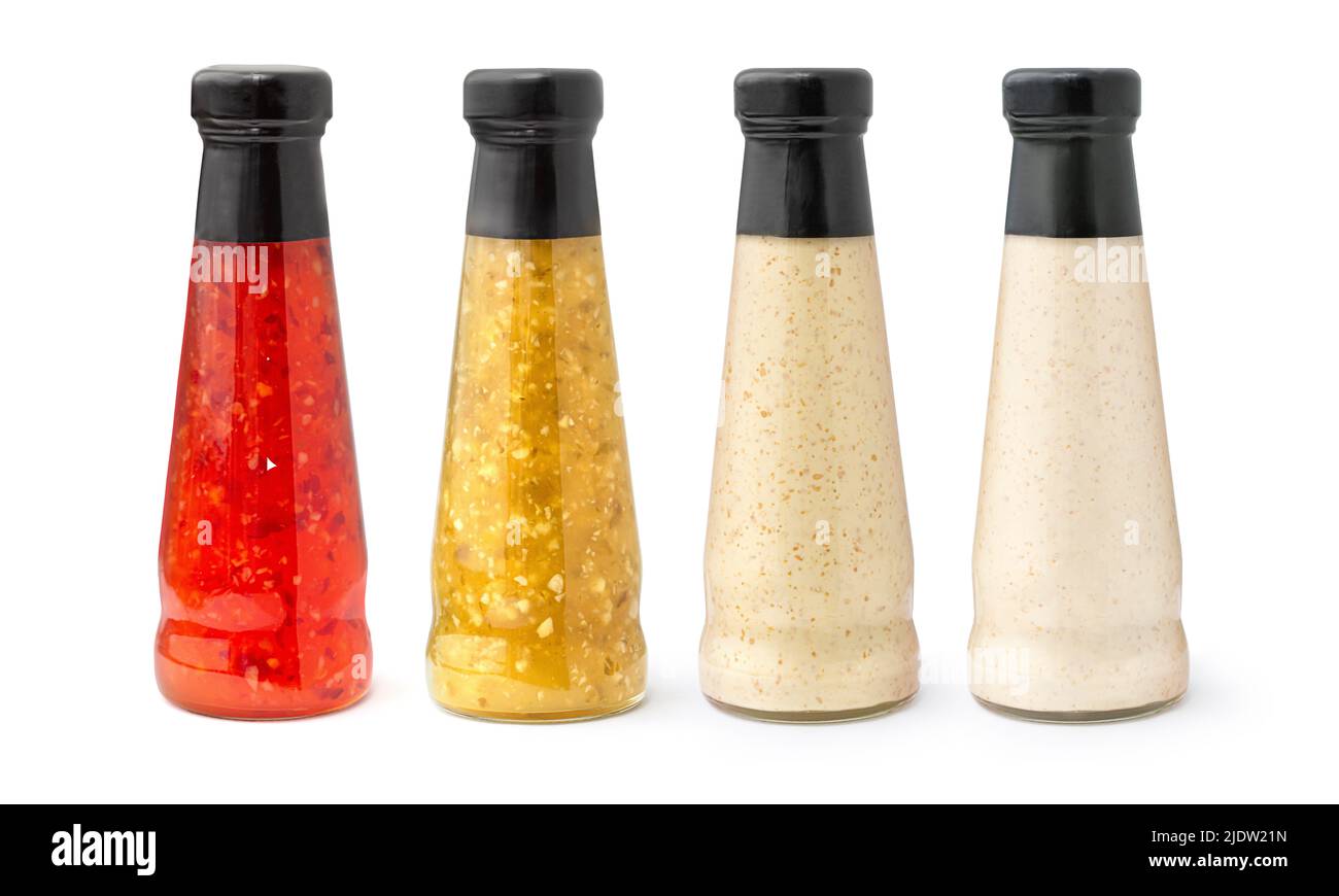 set of barbecue sauces in glass bottles isolated on white background Stock Photo Alamy