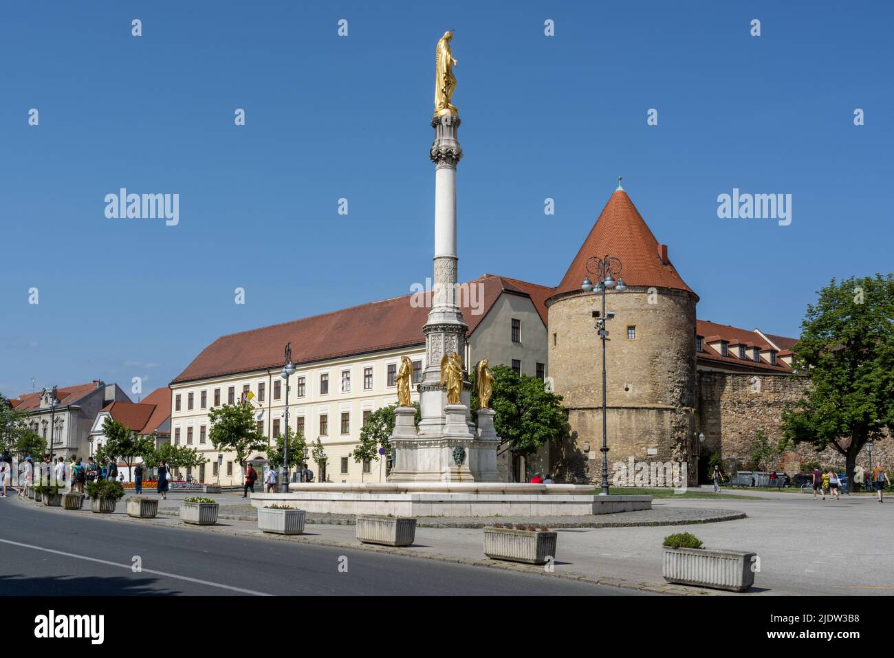 Monument of the Assumption and Old City Walls in Kaptol Square, Zagreb, Croatia Stock Photo