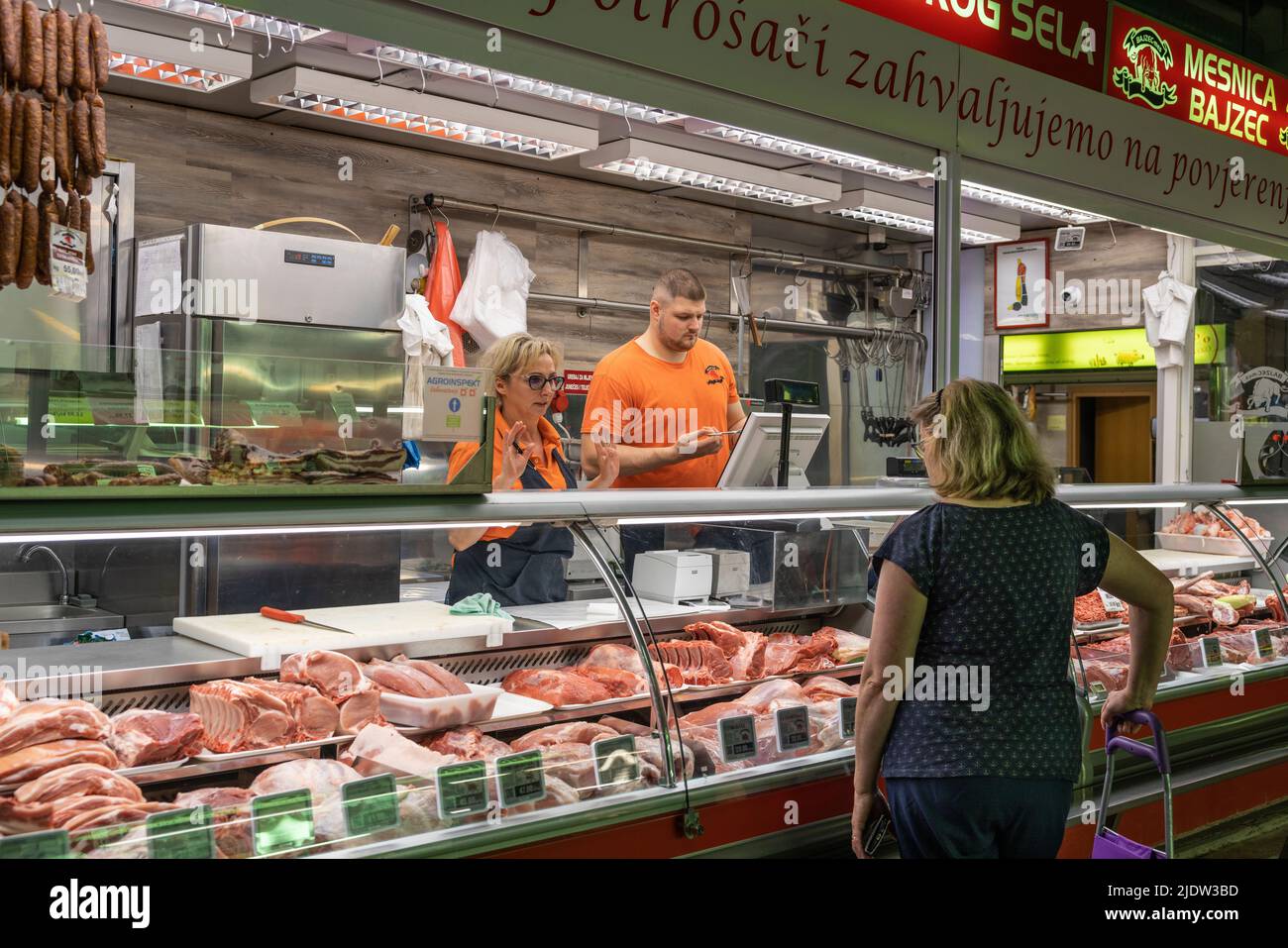 Meat Counter in Dolac Market, Zagreb, Croatia Stock Photo