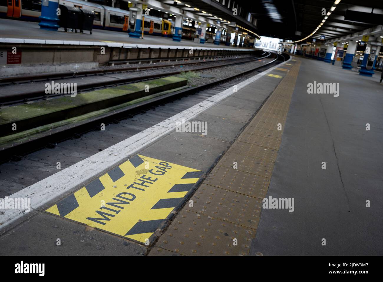 Deserted platforms at Euston Station on the second day of the UK's rail strike, when railway and London Underground workers with the RMT union have taken industrial action, the most disruptive rail strike across England, Scotland and Wales for thirty years, on 23rd June 2022, in London, England. Stock Photo