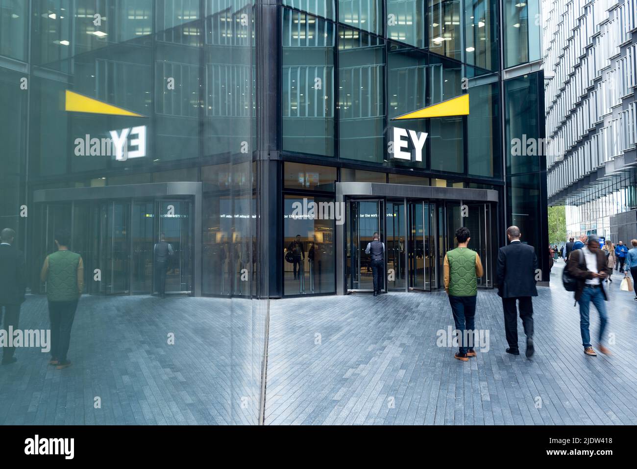 London, UK - May 12, 2022: Building in More London street of one of the headquarters of Ernst & Young in London. EY is one of the most famous consulta Stock Photo