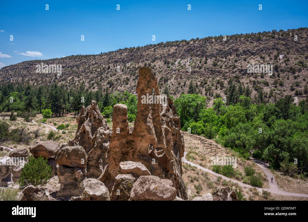 Bandelier National Monument view of Tyuonyi Pueblo ruins from above on the Pueblo Loop Trail, New Mexico, USA. Stock Photo