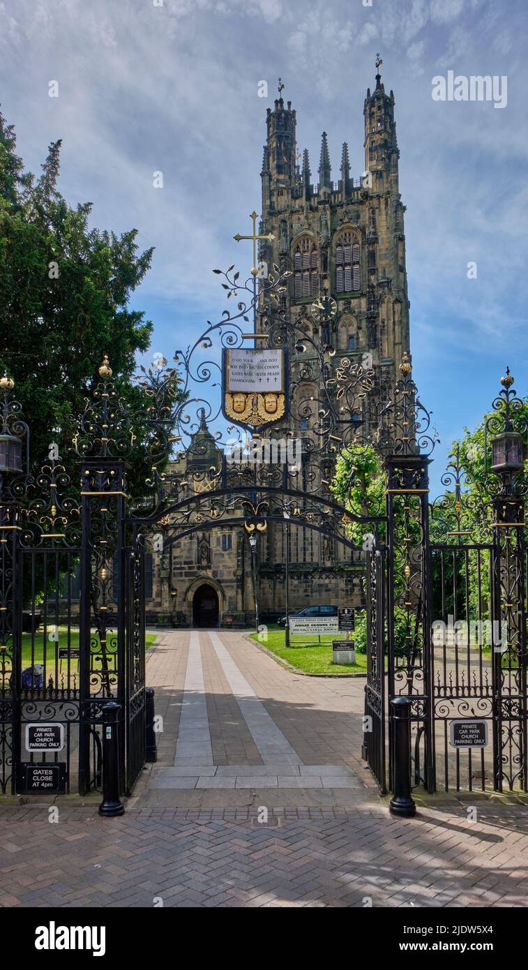 Gates at the entrance to St Giles Church, Wrexham, Wales Stock Photo