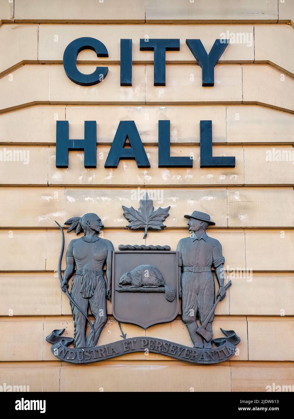 Brantford's coat of arms on the city hall building in downtown Brantford, Ontario, Canada. Stock Photo