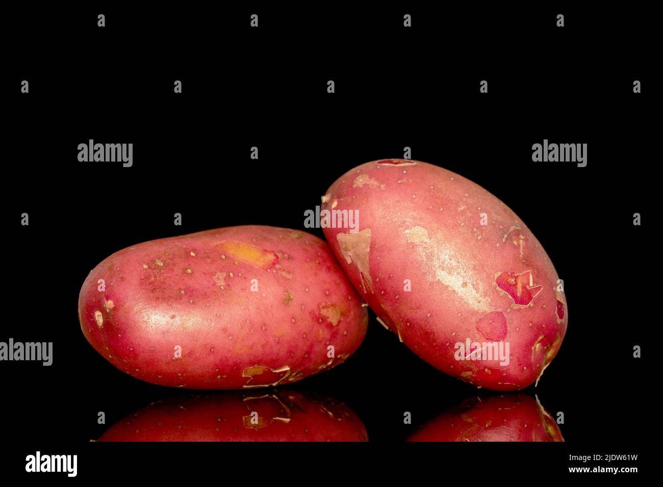 Two unpeeled pink potatoes, close-up, isolated on a black background. Stock Photo