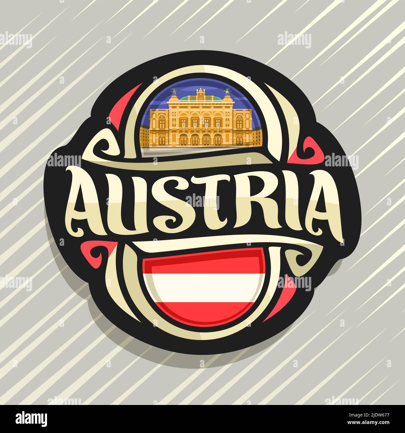 Vector logo for Austria country, fridge magnet with austrian state flag, original brush typeface for word austria and national austrian symbol - Vienn Stock Vector