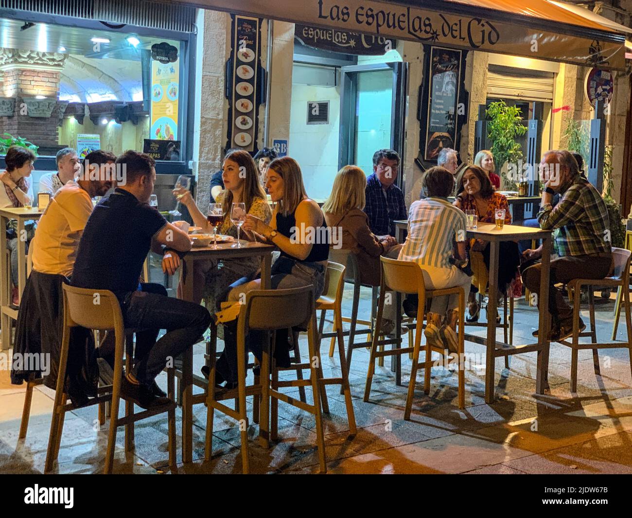Spain, Burgos. Evening Street Life, Sidewalk Cafe. Stock Photo